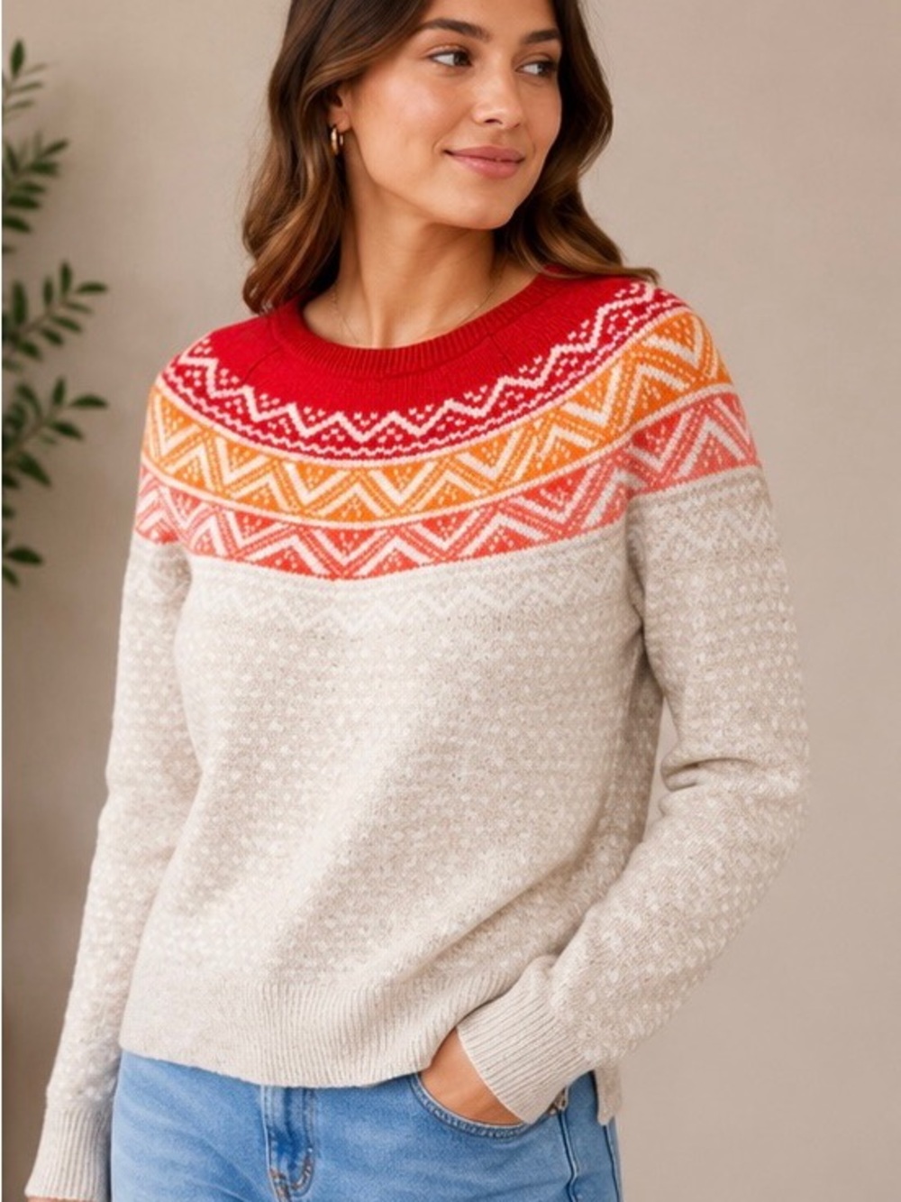GAP Cream Sweater with Red, Orange & Coral Fair Isle Yoke